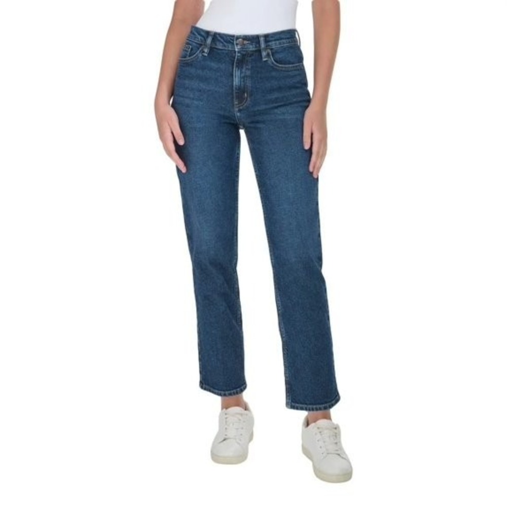 Calvin Klein Women High Rise Straight Leg Jean, Dark Blue, Size: 4